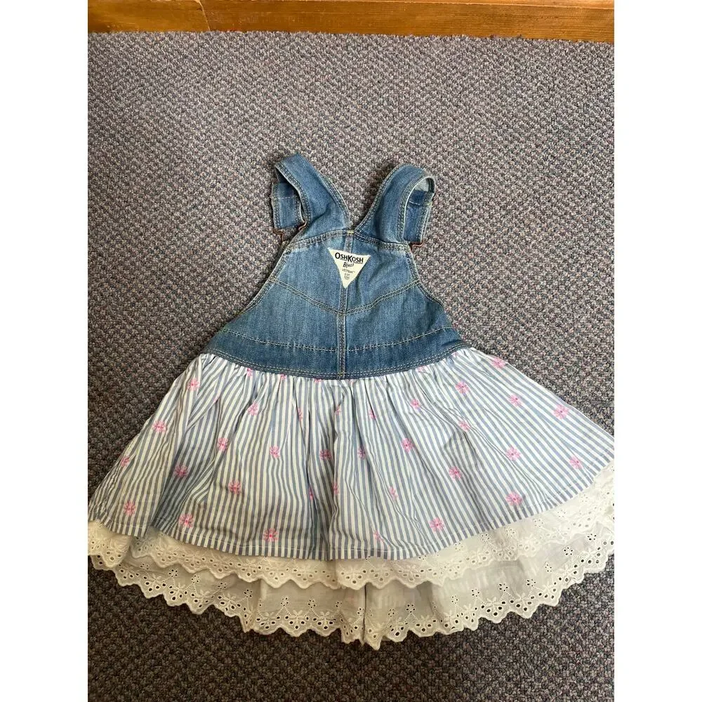 OshKosh Vestbak Denim Overall Dress Blue Striped Lace Trim 24 month